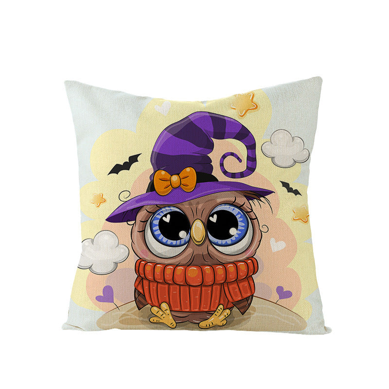 HKM-121107 Halloween Cartoon Printed Kitten Pumpkin Head Pillow Cover - 45x45 Linen Decorative Cushion