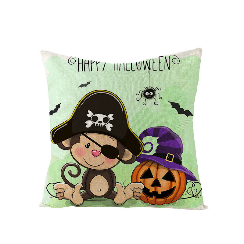 HKM-121107 Halloween Cartoon Printed Kitten Pumpkin Head Pillow Cover - 45x45 Linen Decorative Cushion