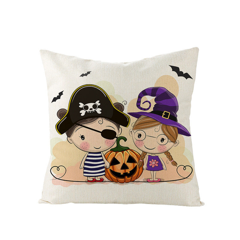 HKM-121107 Halloween Cartoon Printed Kitten Pumpkin Head Pillow Cover - 45x45 Linen Decorative Cushion