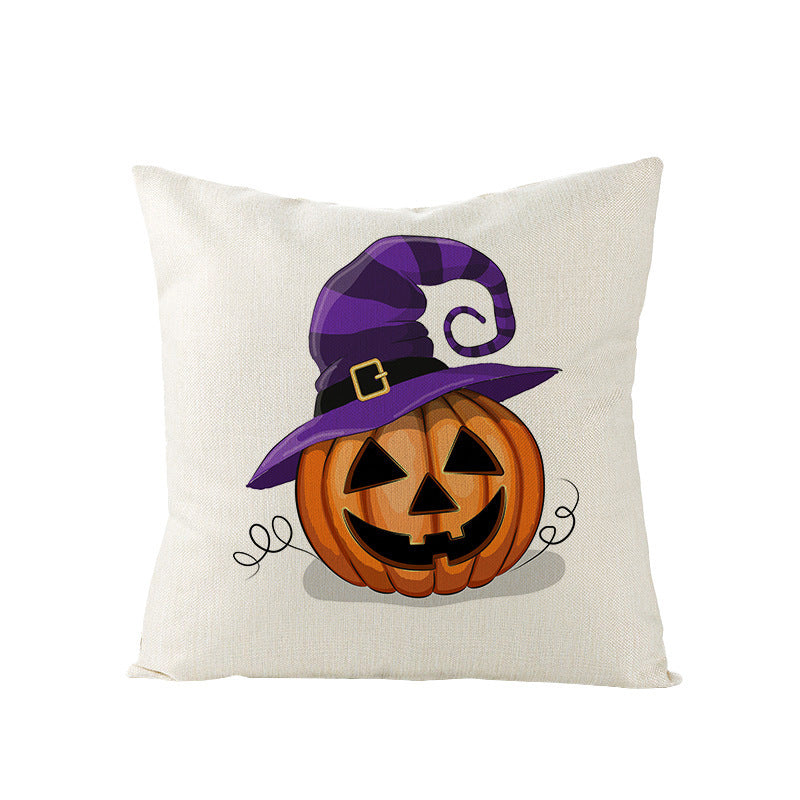 HKM-121107 Halloween Cartoon Printed Kitten Pumpkin Head Pillow Cover - 45x45 Linen Decorative Cushion