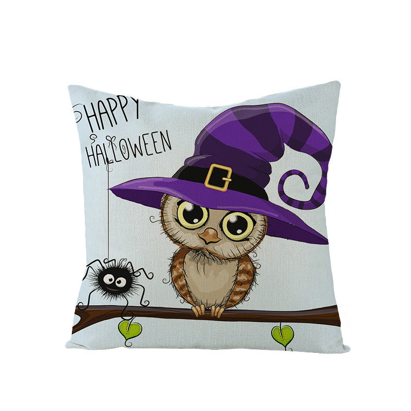 HKM-121107 Halloween Cartoon Printed Kitten Pumpkin Head Pillow Cover - 45x45 Linen Decorative Cushion