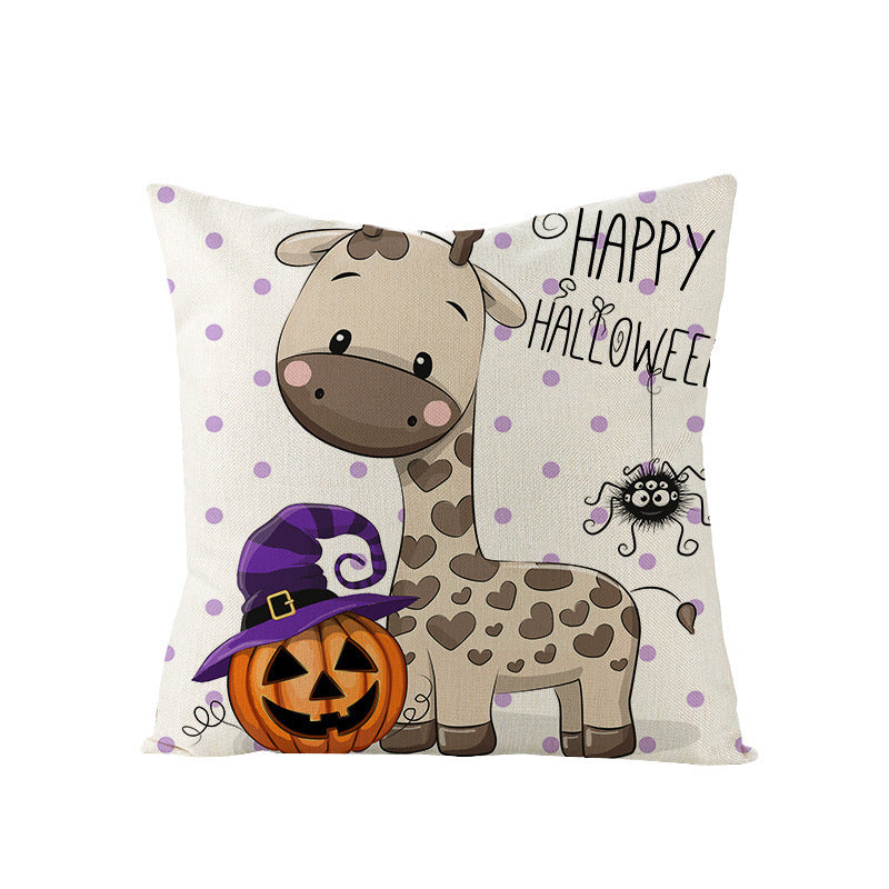 HKM-121107 Halloween Cartoon Printed Kitten Pumpkin Head Pillow Cover - 45x45 Linen Decorative Cushion
