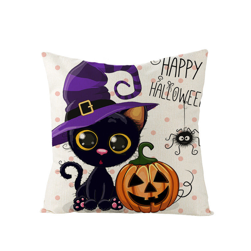 HKM-121107 Halloween Cartoon Printed Kitten Pumpkin Head Pillow Cover - 45x45 Linen Decorative Cushion