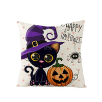 HKM-121107 Halloween Cartoon Printed Kitten Pumpkin Head Pillow Cover - 45x45 Linen Decorative Cushion