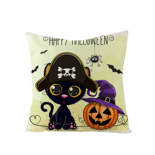 HKM-121107 Halloween Cartoon Printed Kitten Pumpkin Head Pillow Cover - 45x45 Linen Decorative Cushion