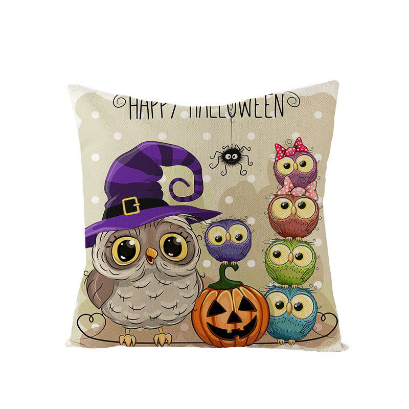 HKM-121107 Halloween Cartoon Printed Kitten Pumpkin Head Pillow Cover - 45x45 Linen Decorative Cushion