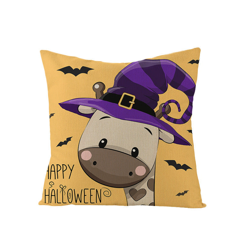 HKM-121107 Halloween Cartoon Printed Kitten Pumpkin Head Pillow Cover - 45x45 Linen Decorative Cushion