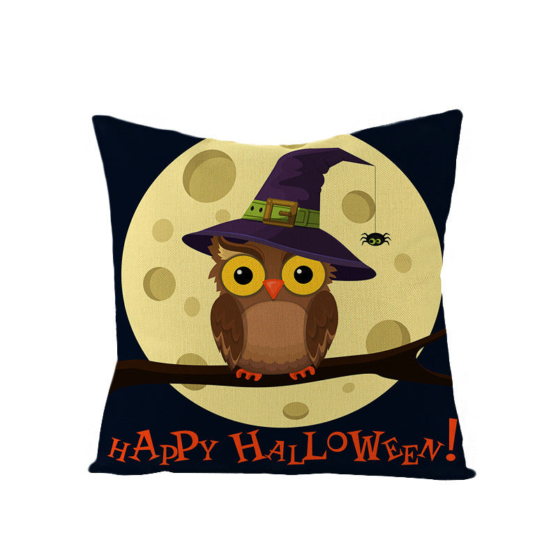 HKM-121107 Halloween Cartoon Printed Kitten Pumpkin Head Pillow Cover - 45x45 Linen Decorative Cushion