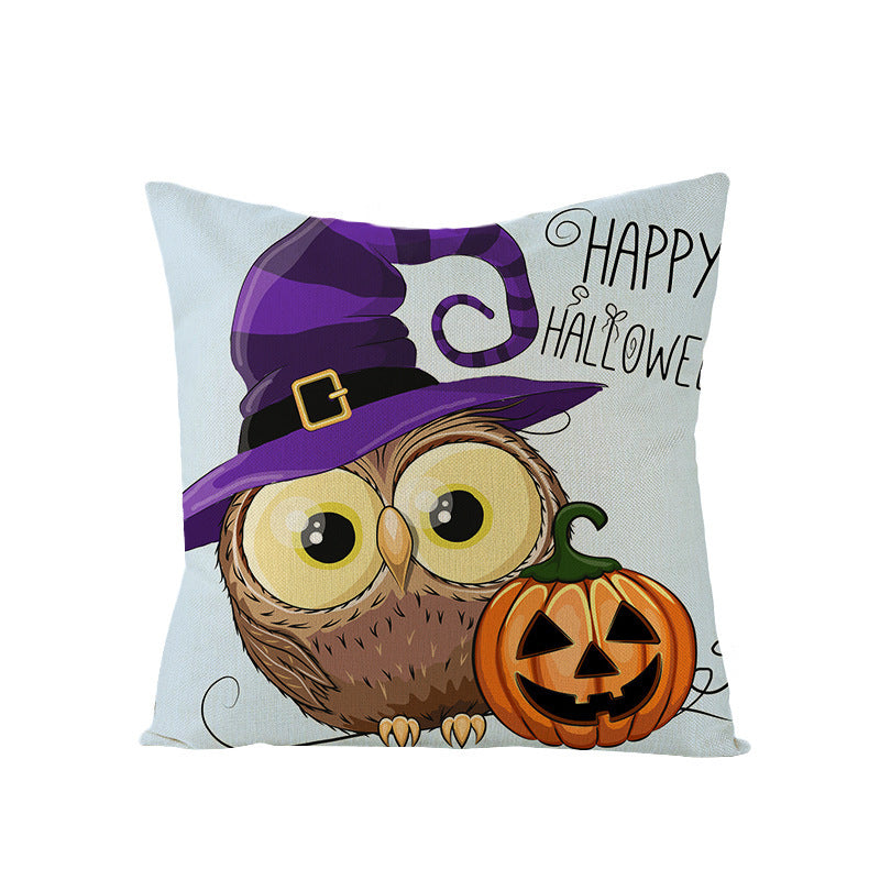 HKM-121107 Halloween Cartoon Printed Kitten Pumpkin Head Pillow Cover - 45x45 Linen Decorative Cushion