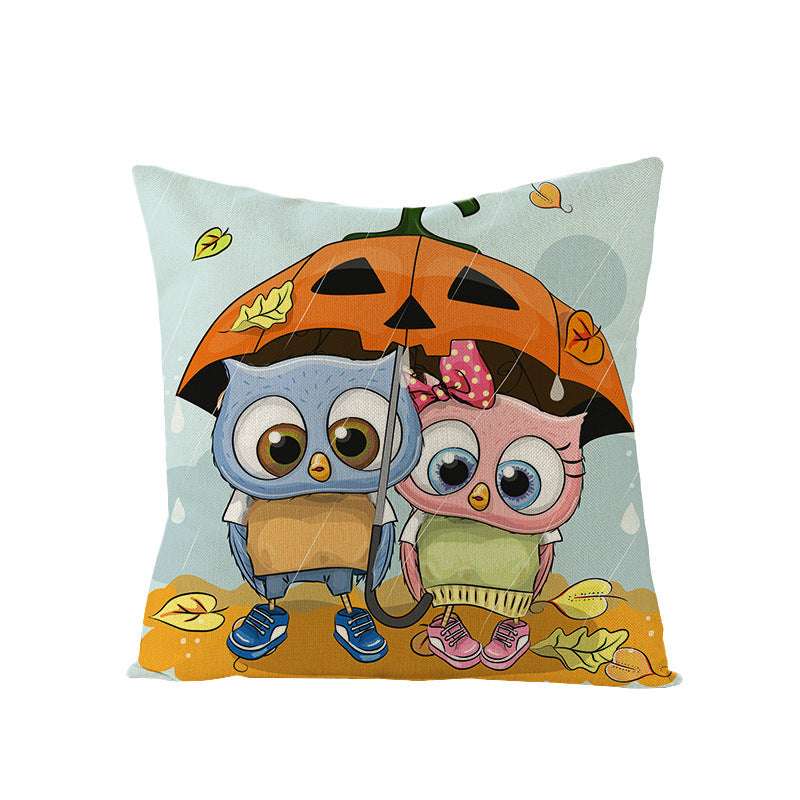 HKM-121107 Halloween Cartoon Printed Kitten Pumpkin Head Pillow Cover - 45x45 Linen Decorative Cushion