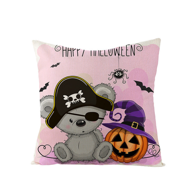 HKM-121107 Halloween Cartoon Printed Kitten Pumpkin Head Pillow Cover - 45x45 Linen Decorative Cushion