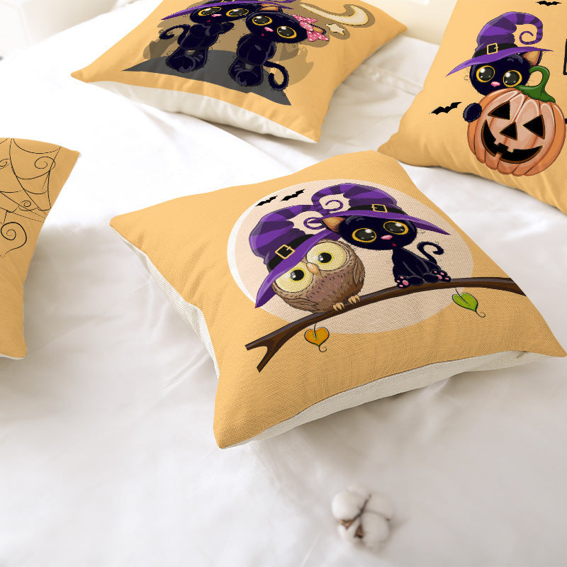 HKM-121107 Halloween Cartoon Printed Kitten Pumpkin Head Pillow Cover - 45x45 Linen Decorative Cushion