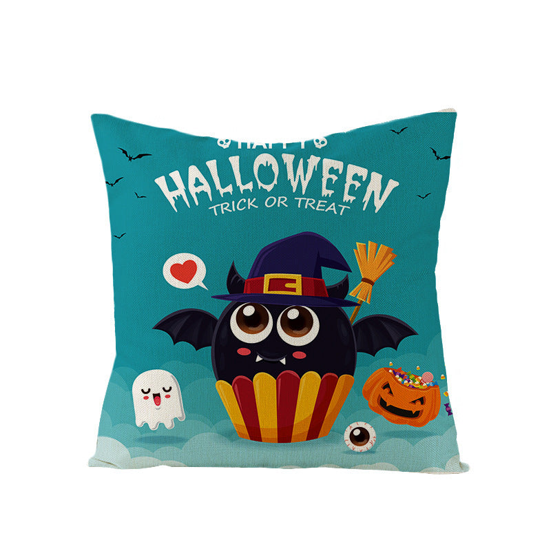 HKM-121107 Halloween Cartoon Printed Kitten Pumpkin Head Pillow Cover - 45x45 Linen Decorative Cushion