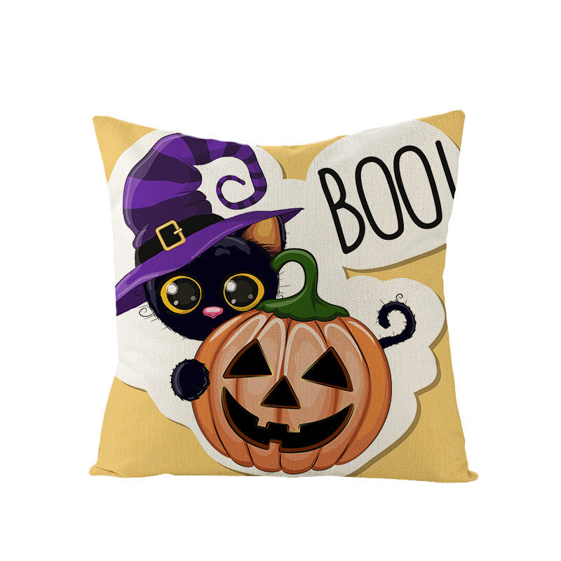 HKM-121107 Halloween Cartoon Printed Kitten Pumpkin Head Pillow Cover - 45x45 Linen Decorative Cushion