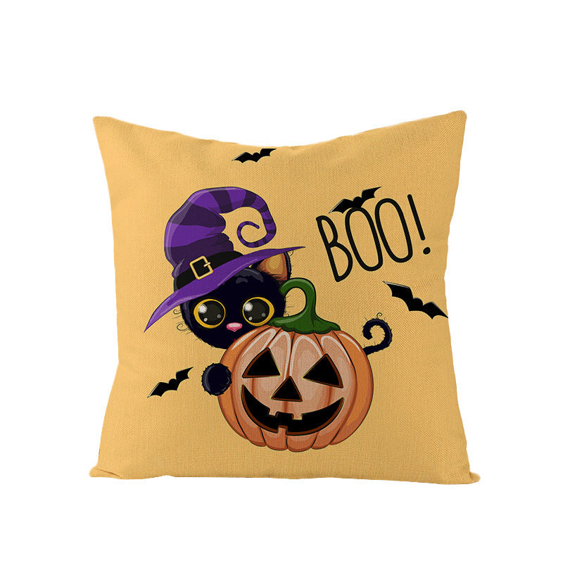 HKM-121107 Halloween Cartoon Printed Kitten Pumpkin Head Pillow Cover - 45x45 Linen Decorative Cushion