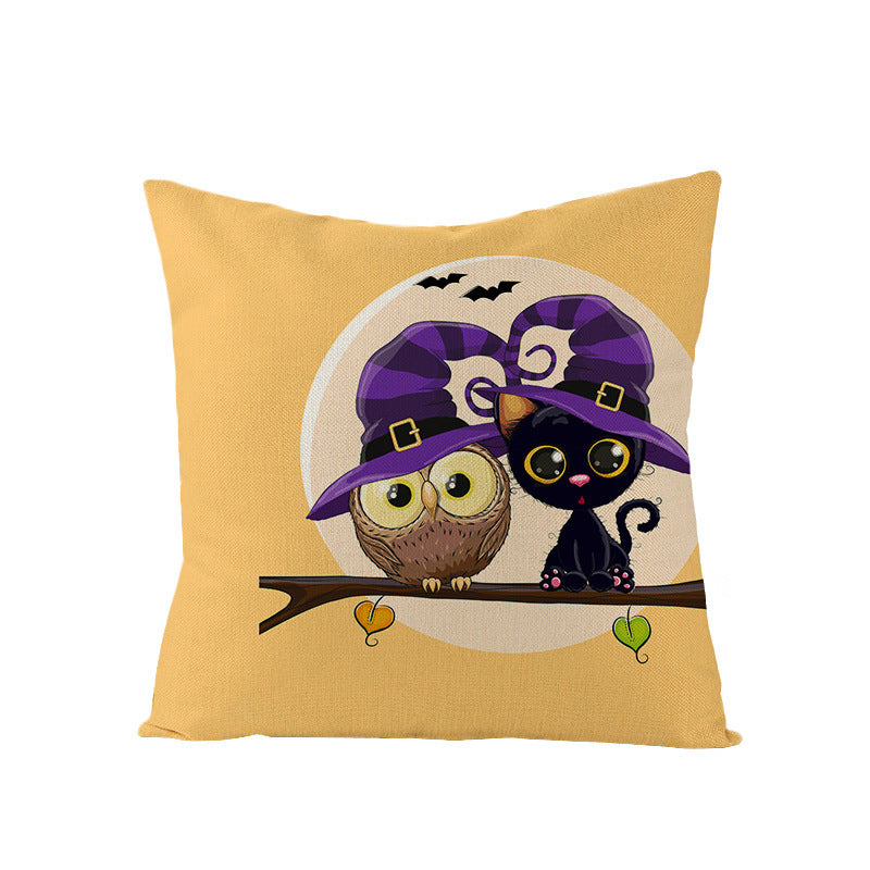 HKM-121107 Halloween Cartoon Printed Kitten Pumpkin Head Pillow Cover - 45x45 Linen Decorative Cushion