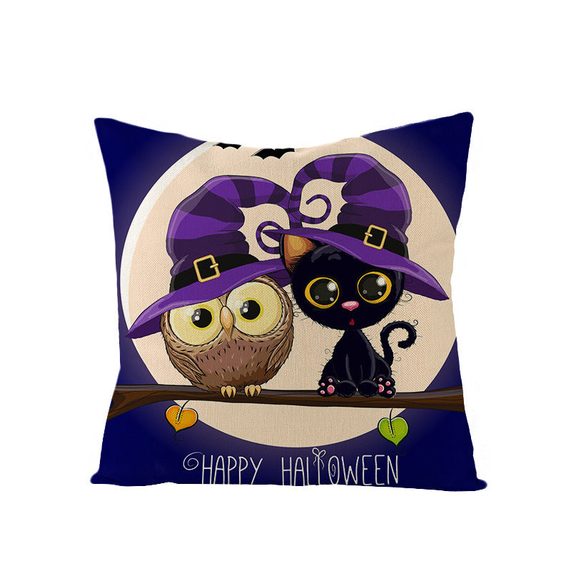 HKM-121107 Halloween Cartoon Printed Kitten Pumpkin Head Pillow Cover - 45x45 Linen Decorative Cushion