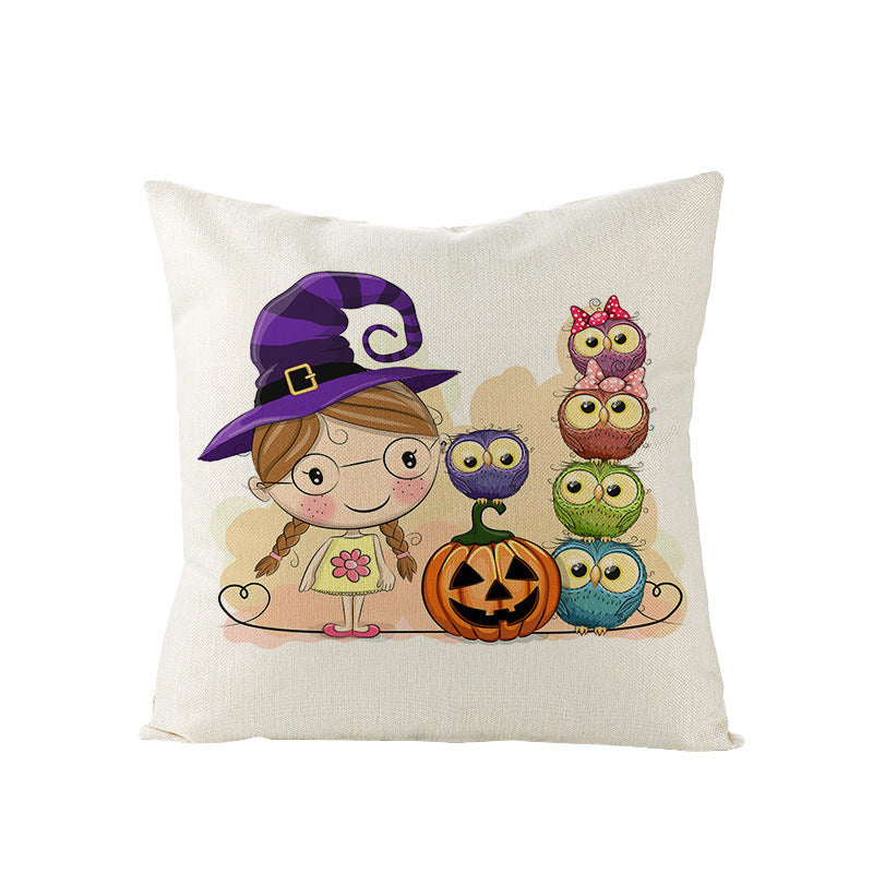 HKM-121107 Halloween Cartoon Printed Kitten Pumpkin Head Pillow Cover - 45x45 Linen Decorative Cushion