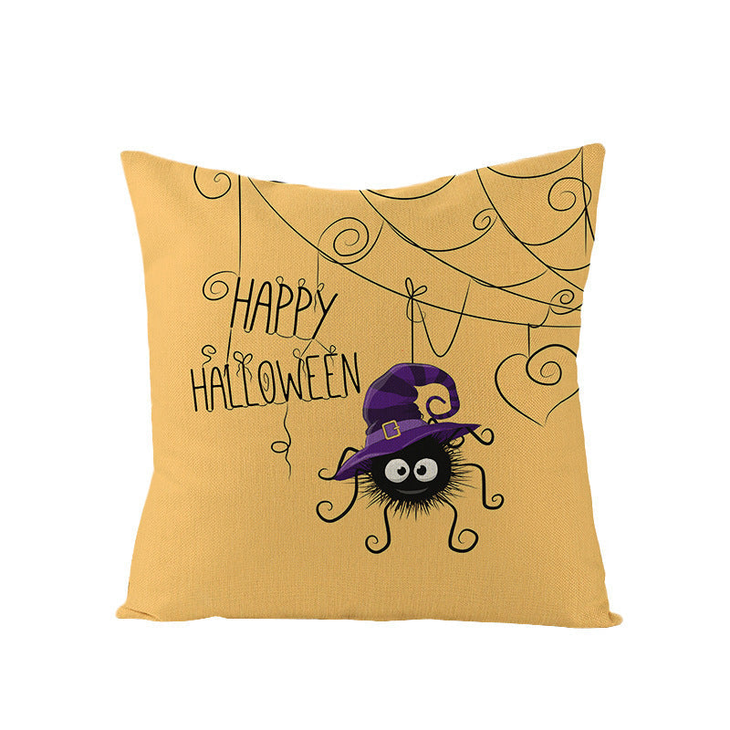 HKM-121107 Halloween Cartoon Printed Kitten Pumpkin Head Pillow Cover - 45x45 Linen Decorative Cushion