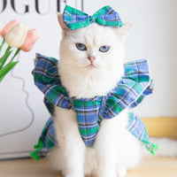 HKM-121427 Universal Christmas Skirt for Pets - Tartan & Plaid Styles with Bow Tie and Head Flower
