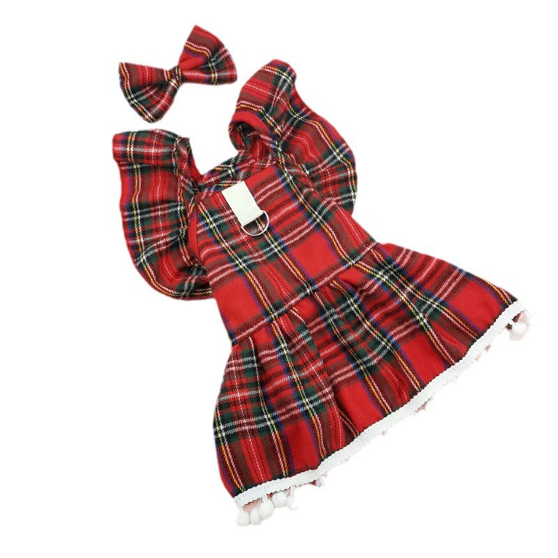 HKM-121427 Universal Christmas Skirt for Pets - Tartan & Plaid Styles with Bow Tie and Head Flower