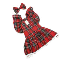 HKM-121427 Universal Christmas Skirt for Pets - Tartan & Plaid Styles with Bow Tie and Head Flower