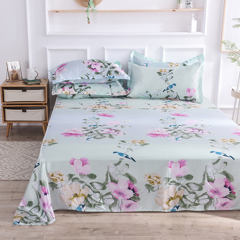 HKM-122131 Single Bed Ice Silk Floral Print Bed Sheet Set with Pillowcases - 230x250cm