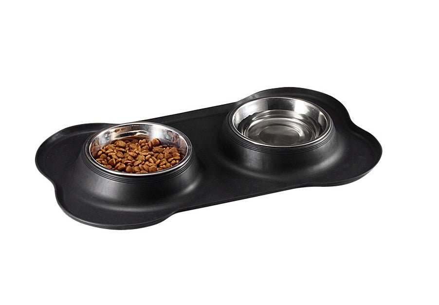 HKM-122323 Bone-Shaped Double Bowl with Non-Slip Silicone Base for Food and Water - Removable Stainless Steel Inner Layer, Easy to Clean