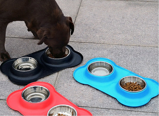 HKM-122323 Bone-Shaped Double Bowl with Non-Slip Silicone Base for Food and Water - Removable Stainless Steel Inner Layer, Easy to Clean