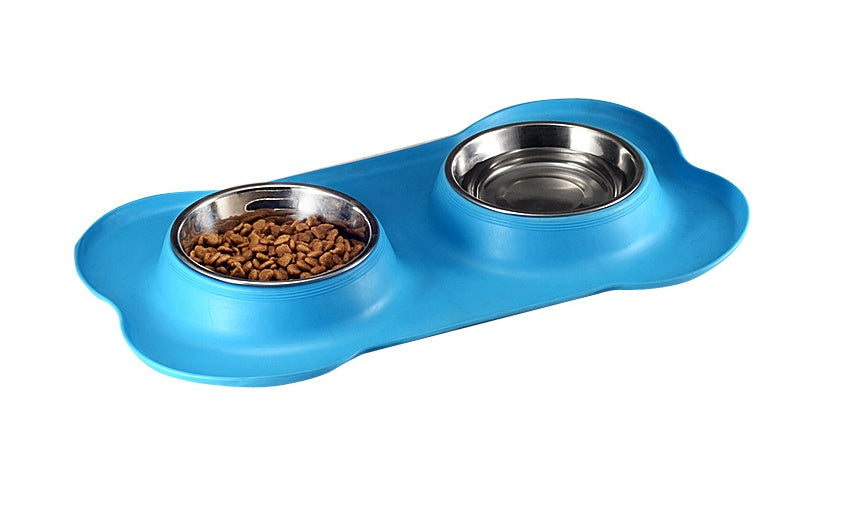 HKM-122323 Bone-Shaped Double Bowl with Non-Slip Silicone Base for Food and Water - Removable Stainless Steel Inner Layer, Easy to Clean