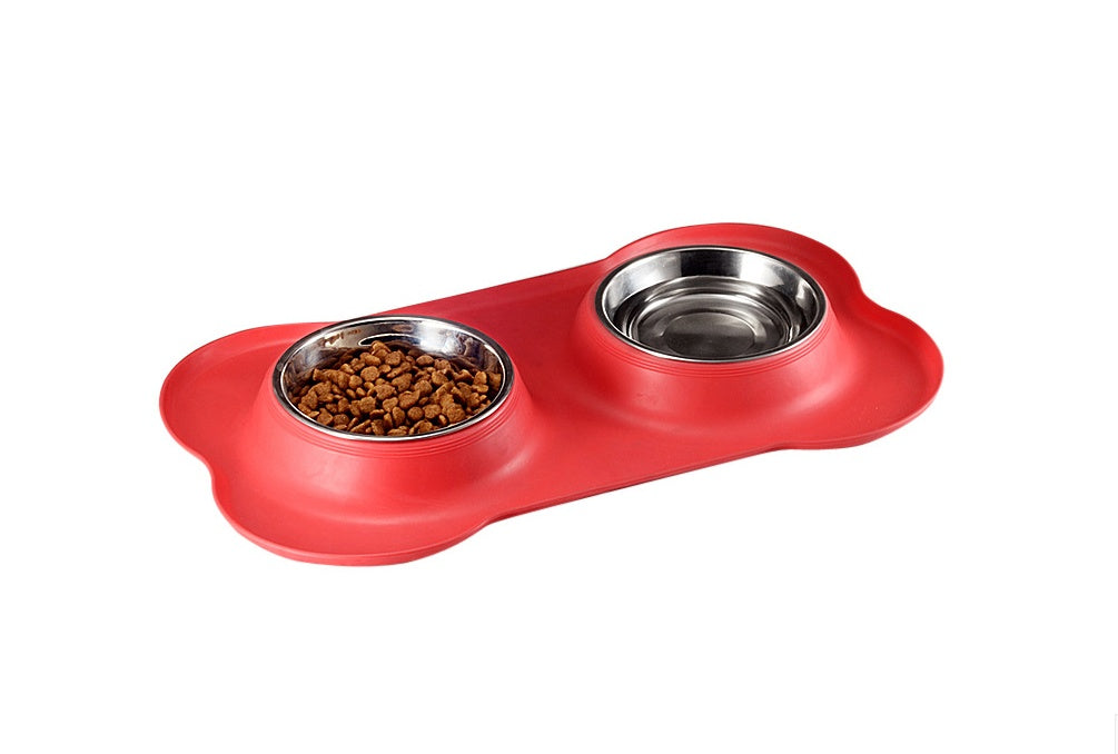 HKM-122323 Bone-Shaped Double Bowl with Non-Slip Silicone Base for Food and Water - Removable Stainless Steel Inner Layer, Easy to Clean