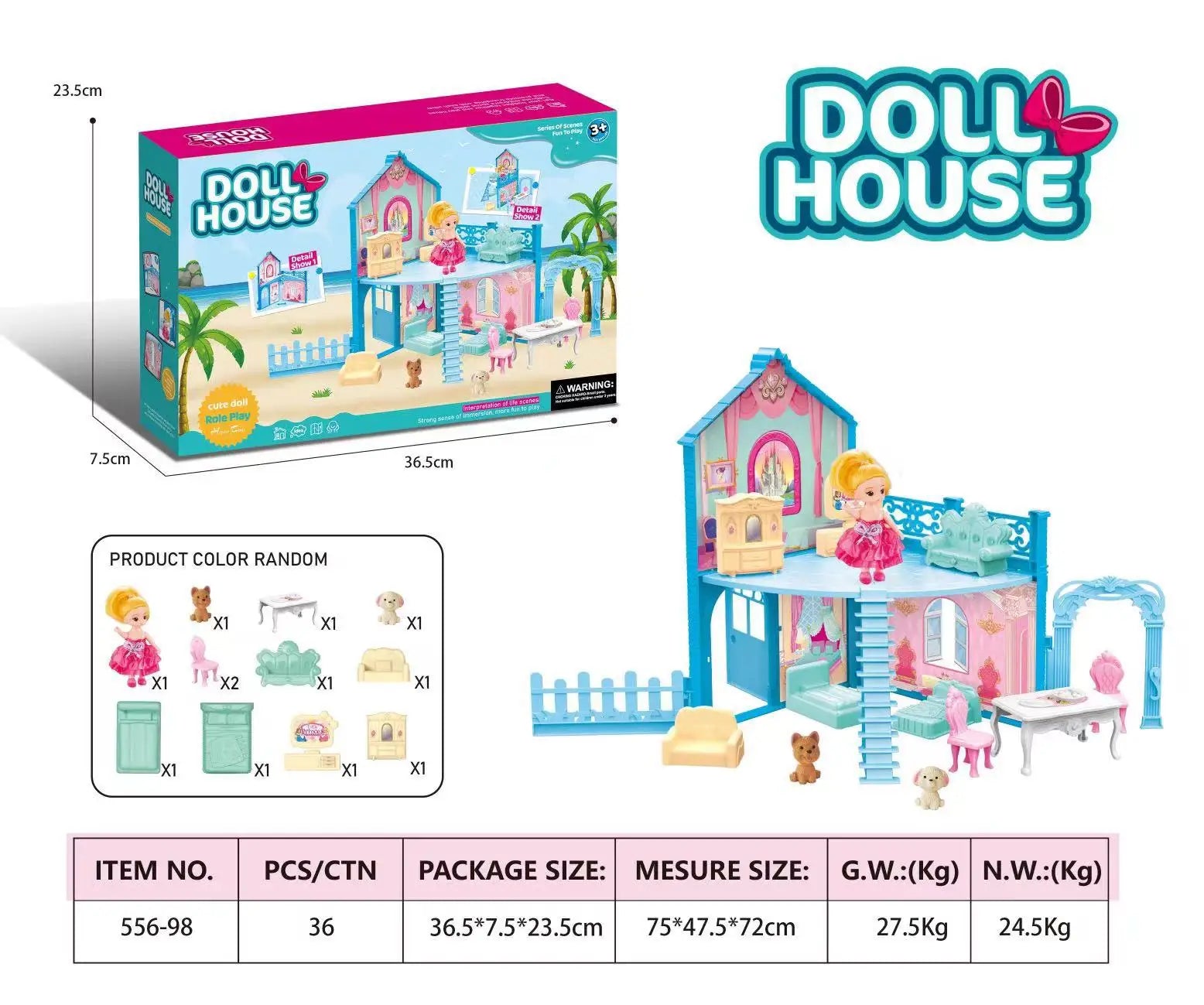 HKM-122963 DIY 3D Villa Style Miniature Dollhouse Play Set with Lights for Kids