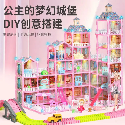 HKM-122963 DIY 3D Villa Style Miniature Dollhouse Play Set with Lights for Kids