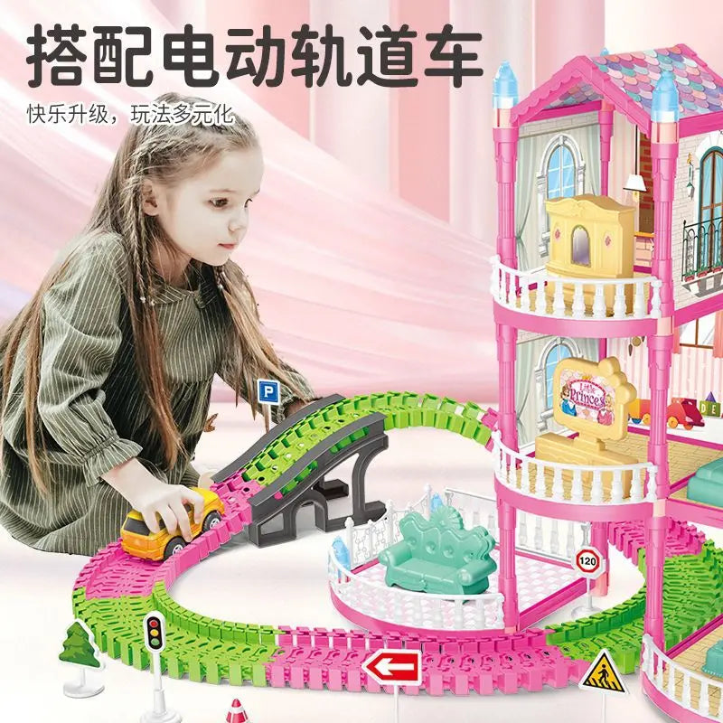 HKM-122963 DIY 3D Villa Style Miniature Dollhouse Play Set with Lights for Kids