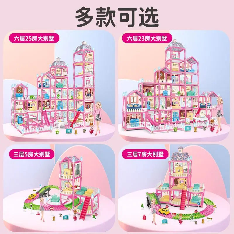 HKM-122963 DIY 3D Villa Style Miniature Dollhouse Play Set with Lights for Kids