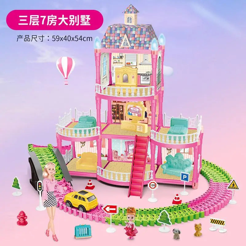 HKM-122963 DIY 3D Villa Style Miniature Dollhouse Play Set with Lights for Kids