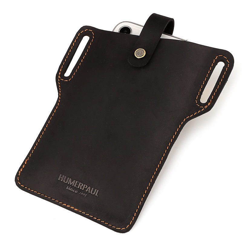 HKM-123219 Retro Crazy Horse Leather Cell Phone Waist Bag for Men and Women, Available in Khaki, Black, Brown