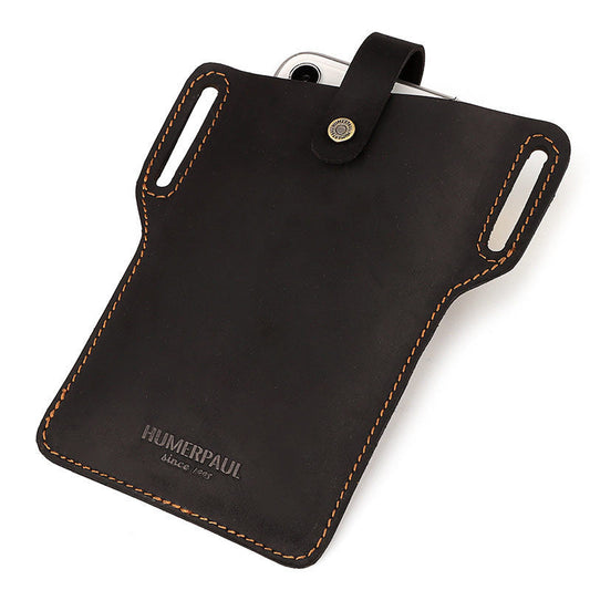 HKM-123219 Retro Crazy Horse Leather Cell Phone Waist Bag for Men and Women, Available in Khaki, Black, Brown