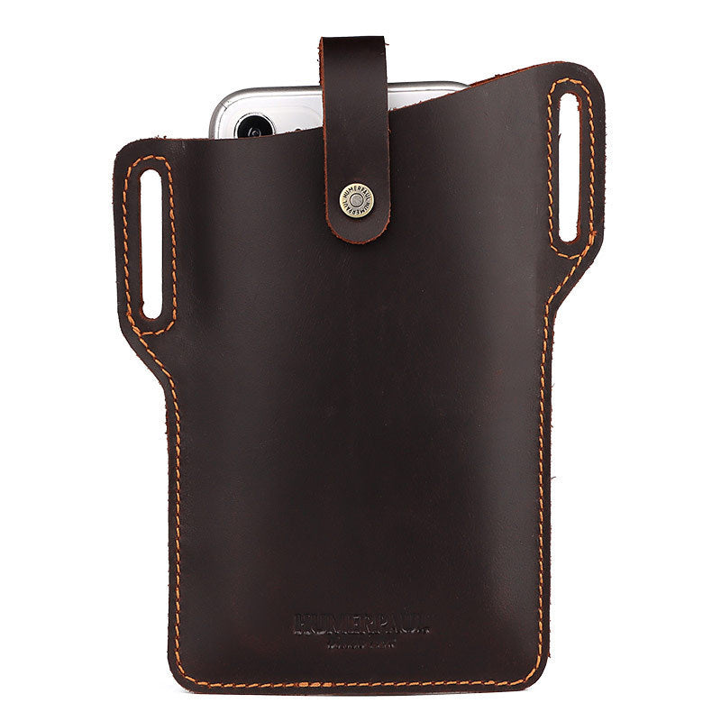 HKM-123219 Retro Crazy Horse Leather Cell Phone Waist Bag for Men and Women, Available in Khaki, Black, Brown