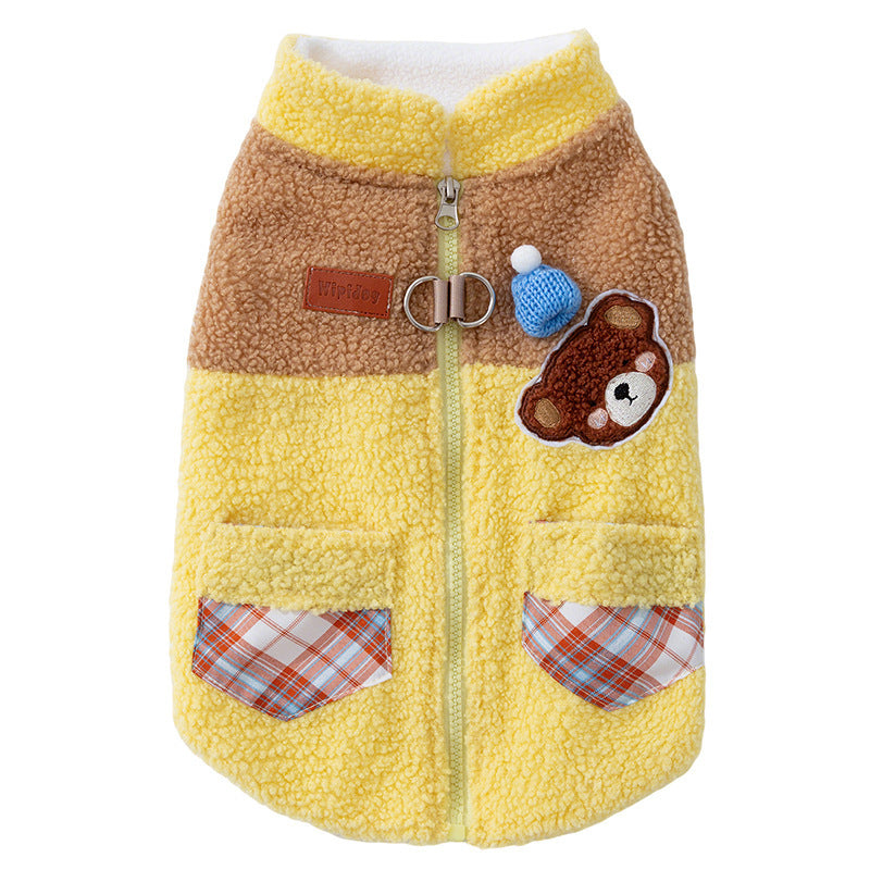 HKM-123603 Bear Embroidered Fleece Dog Jacket with Plaid Pockets and Zipper for Small Dogs