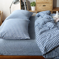 HKM-124115 Washed Cotton Four-Piece Bedding Set with Checked Design for Comfortable Sleeping
