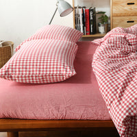 HKM-124115 Washed Cotton Four-Piece Bedding Set with Checked Design for Comfortable Sleeping