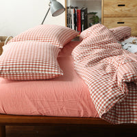 HKM-124115 Washed Cotton Four-Piece Bedding Set with Checked Design for Comfortable Sleeping