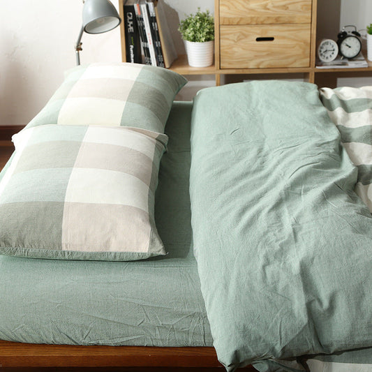 HKM-124115 Washed Cotton Four-Piece Bedding Set with Checked Design for Comfortable Sleeping