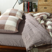 HKM-124115 Washed Cotton Four-Piece Bedding Set with Checked Design for Comfortable Sleeping