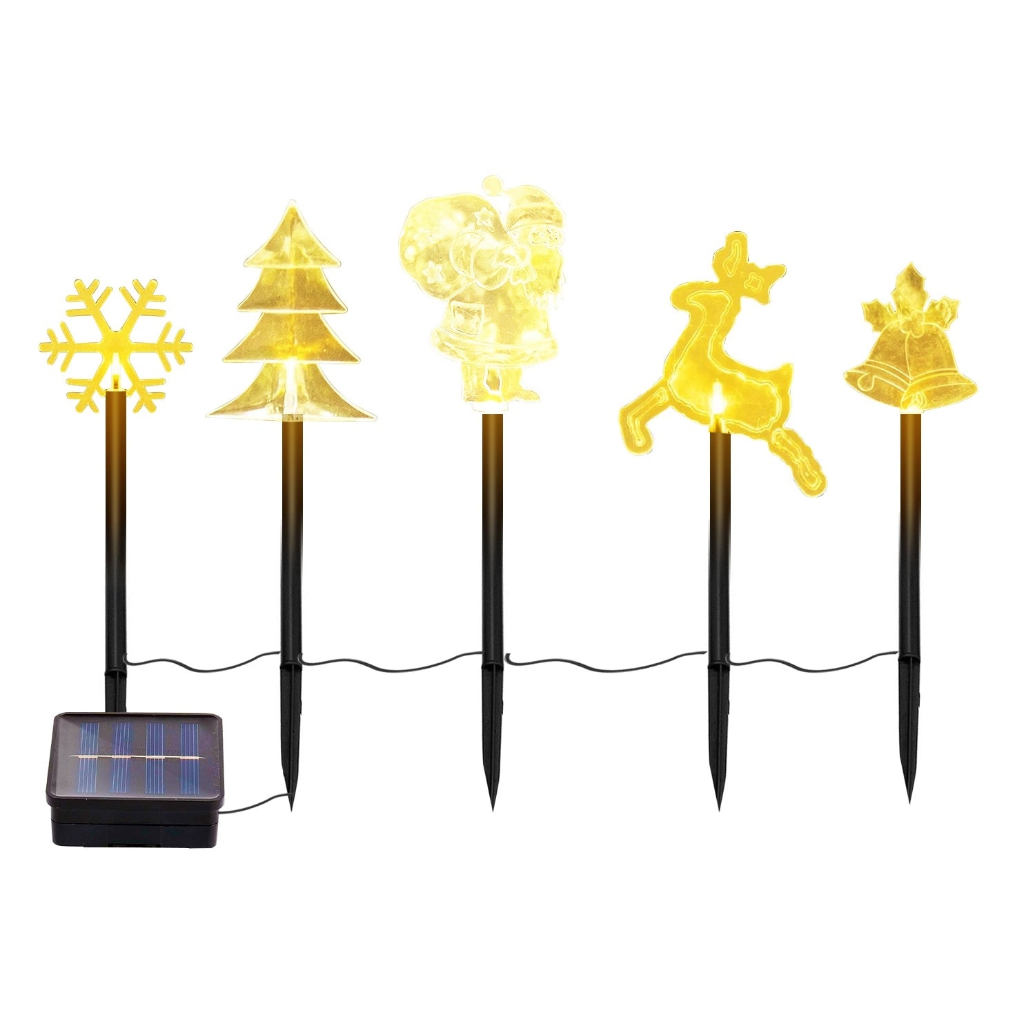 HKM-124243 Christmas Solar Stake Lights Set - 5-Piece Outdoor Decoration with Reindeer, Snowflake, Bell, Tree, and Santa Designs, IP44 Waterproof, Eco-Friendly Warm Yellow LED