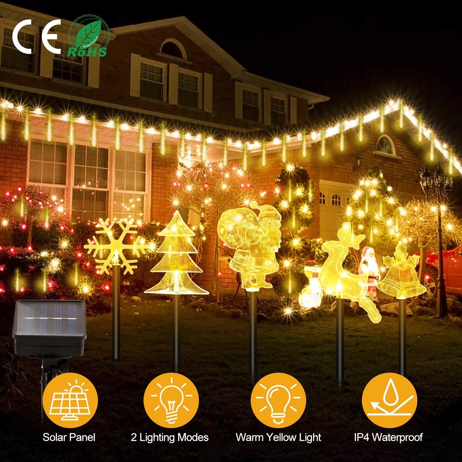 HKM-124243 Christmas Solar Stake Lights Set - 5-Piece Outdoor Decoration with Reindeer, Snowflake, Bell, Tree, and Santa Designs, IP44 Waterproof, Eco-Friendly Warm Yellow LED