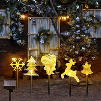 HKM-124243 Christmas Solar Stake Lights Set - 5-Piece Outdoor Decoration with Reindeer, Snowflake, Bell, Tree, and Santa Designs, IP44 Waterproof, Eco-Friendly Warm Yellow LED