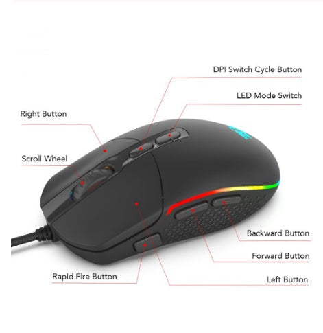 HKM-124627 Wired Gaming Mouse with Adjustable DPI, Ergonomic Design, 9 Buttons, Black