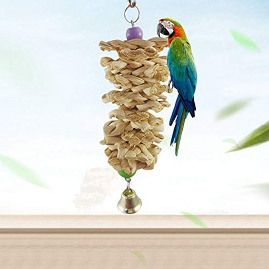 HKM-125203 Natural Wooden Grass Parrot Toy with Bell for Chewing and Entertainment - 18 cm